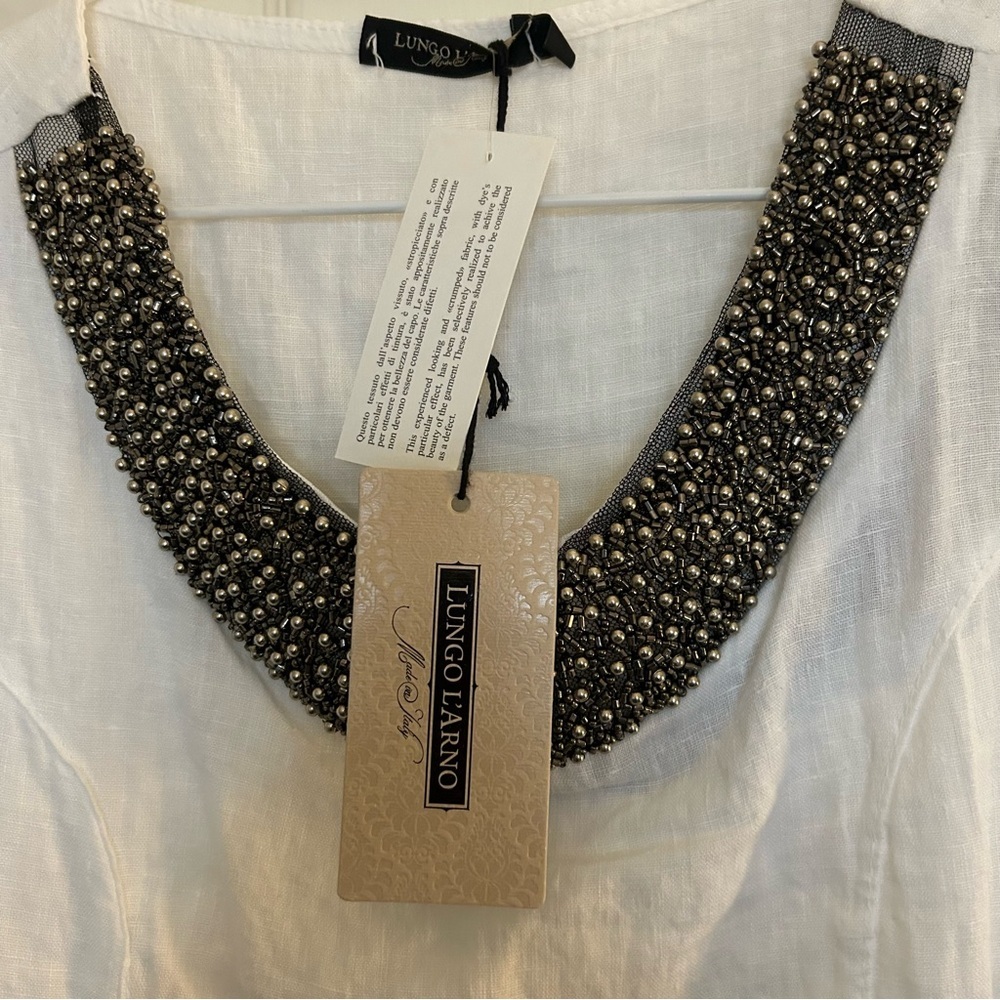 Lungo L'Arno NWT White Beaded 100% Linen Tank Blouse Made In Italy Size Small - Picture 10 of 13
